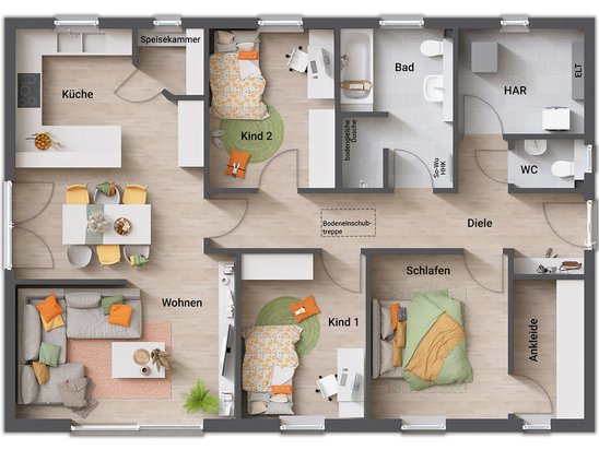 rundriss Bungalow 110 Variante 1 mit Ankleide und Speisekammer Bungalow 110 Grundriss mit Eingang an der Walmseite, Ankleide im Schlafzimmer und praktischer Speisekammer